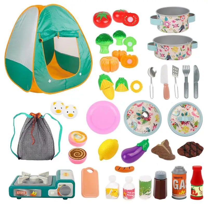 Pretend Camping Set For Kids 40pcs Pretend Play Camp Gear Tools Toy Camping Set With Play Tent Barbecue Ovens Oil Lantern Toy