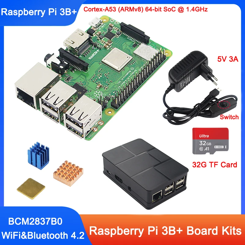 Raspberry Pi 3 Model B+ 1.4GHz 64-bit quad-core ARM Cortex-A53 CPU with WiFi&Bluetooth Optional Case 5V 3A Power Supply Heatsink