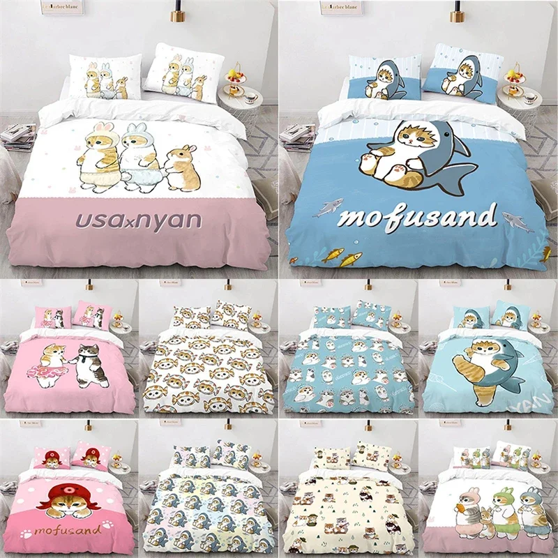 Cute Kitten Duvet Cover Pillow Case Mofusand Anime Shark Cat Bedding Set Single Double Queen Size Teen Gift Room Decor