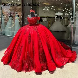 EVLAST Customized Red Quinceanera Dress Ball Gown Glitter Sequins Beaded Crystal Corset Sweet 16 Vestidos De 15 Anos SQ718