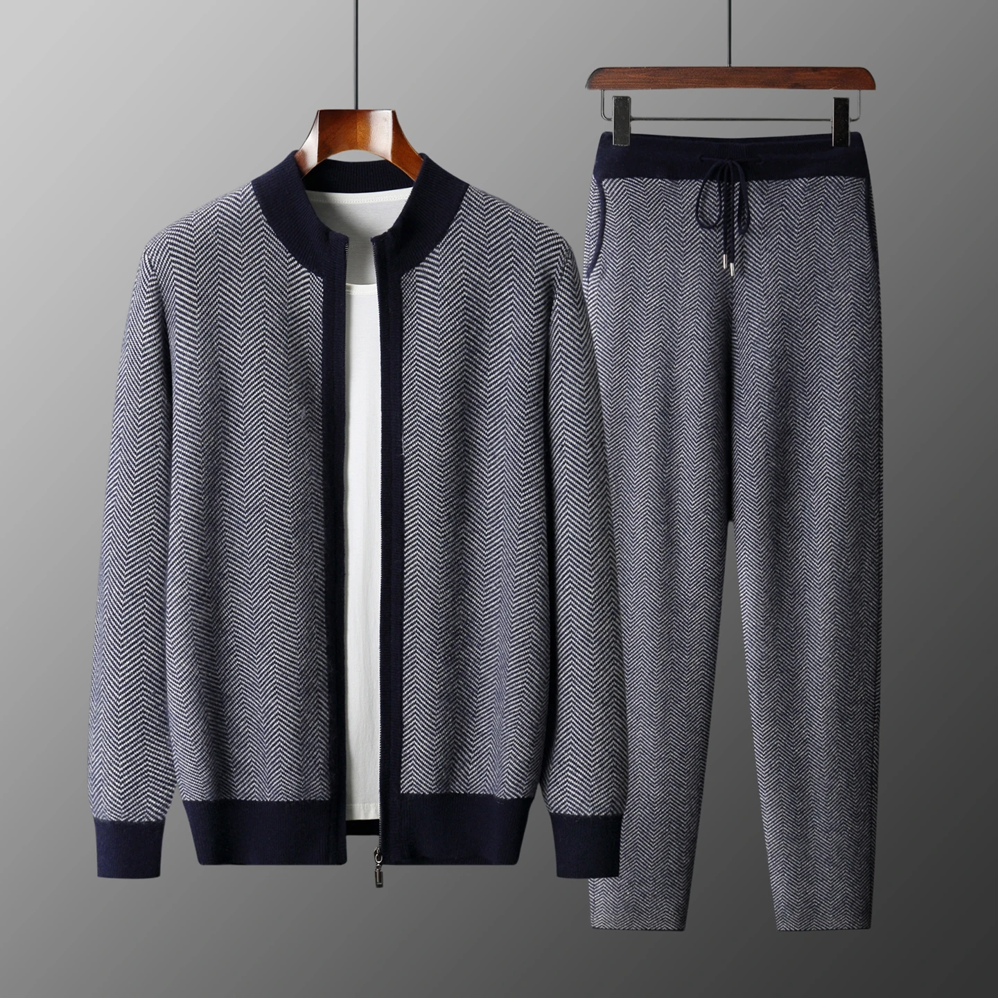 Man 100% Merino Wool Sweater Cardigan Knitted Pants Pencil Trousers Herringbone Color Block Suit Autumn Winter Thick Men's Set