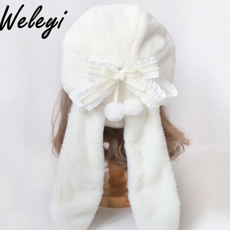 Lolita White Rabbit Ear Beret for Women Jirai Kei Accessories 2024 Autumn New Original JK Small Object Plush Bow Hats Female