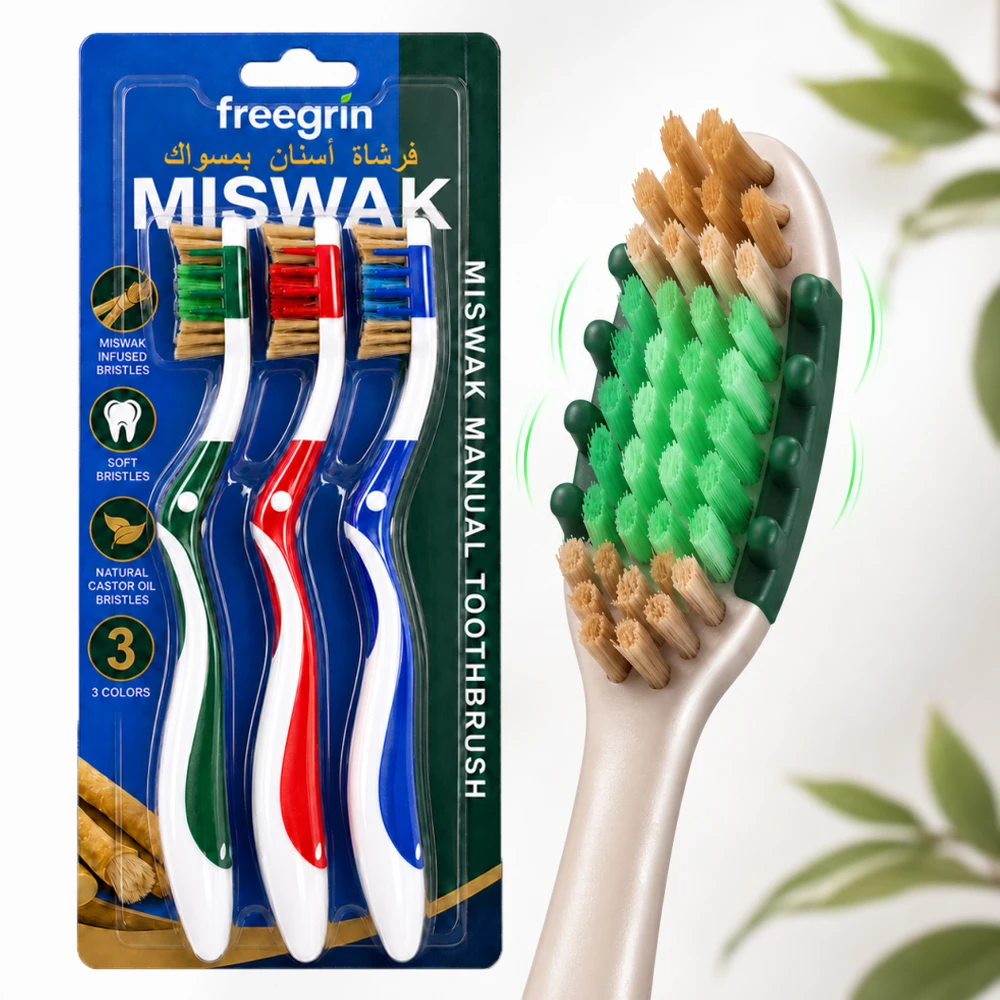 FREEGRIN Miswak 3Pcs Adult Soft Bristle Toothbrush Castor Oil Bristles With Natural Siwak Extract Good For Gum Manual Toothbrush