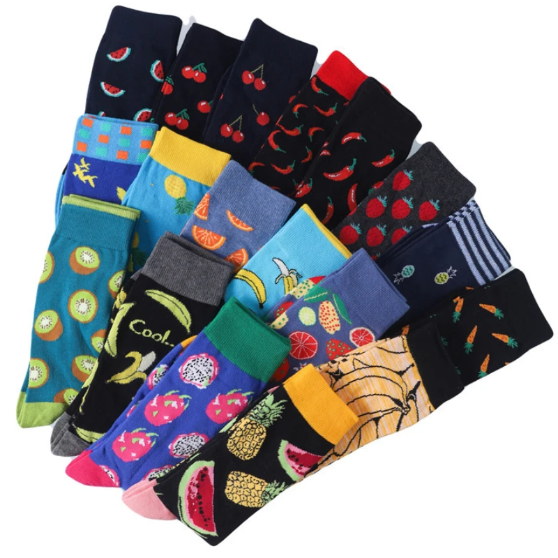 Casual Cotton Men Socks Fashion Fruit Chili Banana Pepper Happy Funny Design Colorful Skateboard Happy Socks Man Hot Sale