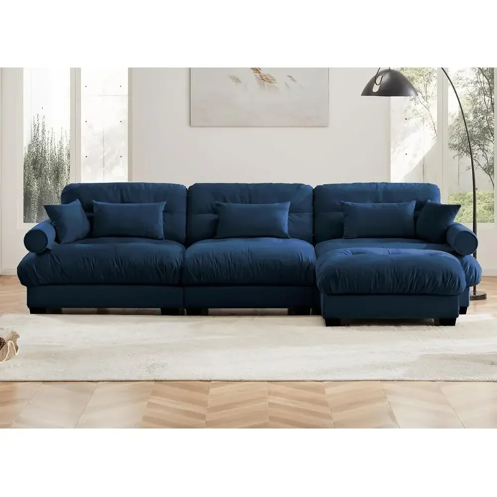 3-Seater Cloud-Soft Sectional Sofa with Ottoman, Pillows, and High-Density Memory Foam for Living Room or Home Theater (Blue)
