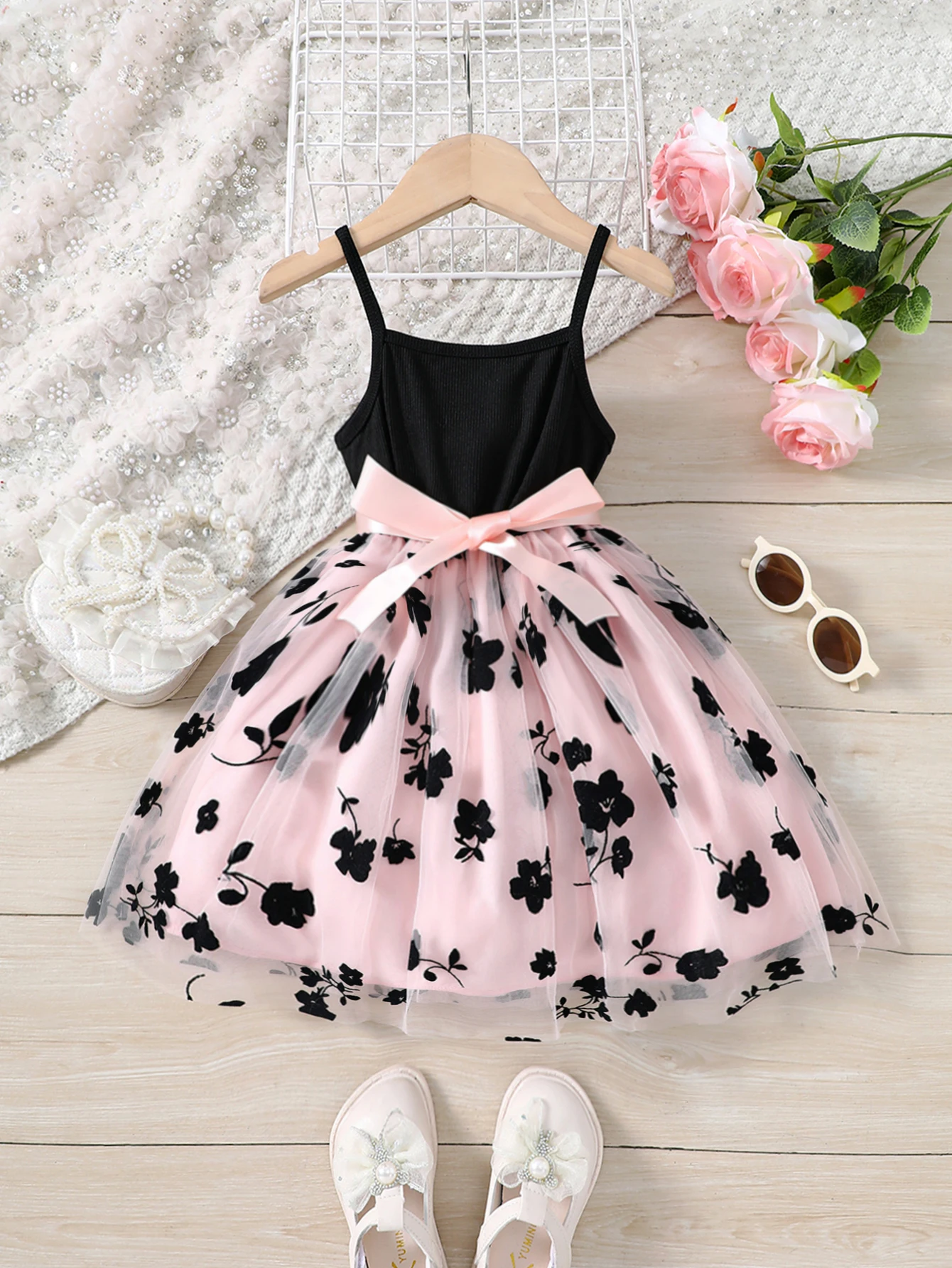 Girls' Spring and Summer Fashion Knit Strap Floral Velvet Mesh Casual Dress Princess Dress Party Holiday Casual Vacation Gift