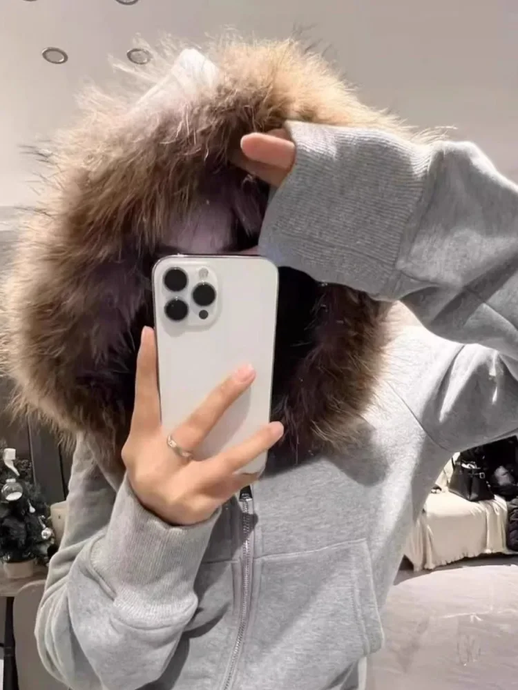 Vintage Fur Patchwork Hooded Grunge Zip Up Hoodies Women Casual All Match Korean Pocket Coats Y2k Aesthetic Gray Sweatshirts