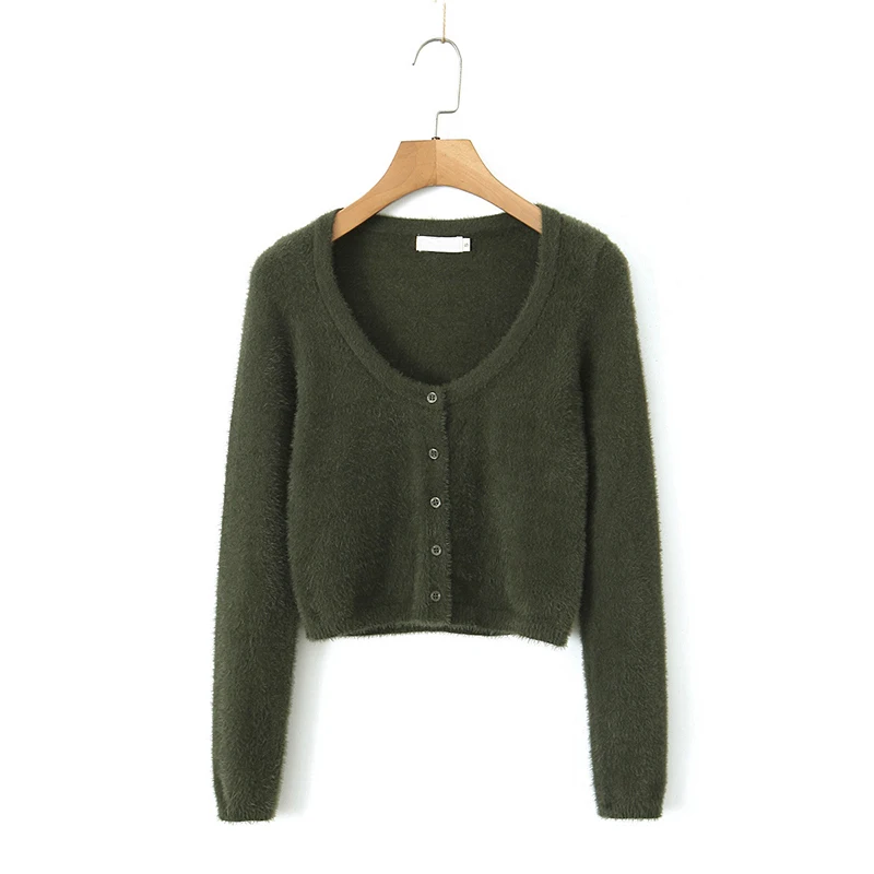 YENKYE New Autumn Women Army Green Mohair Soft Knit Cardigan Front Button Long Sleeve  Female Crop Sweater Outerwear