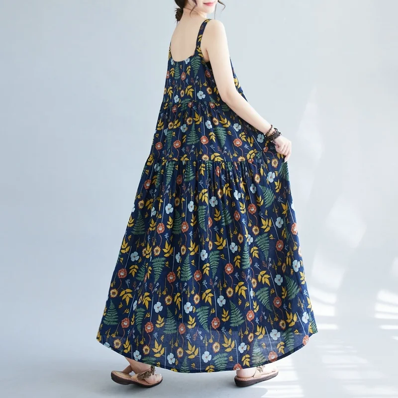 #6657 Blue Purple Backless A-line Dress Floral Printed Cotton Linen Spaghetti Strap Dress Women Loose Thin Ankle-length Summer