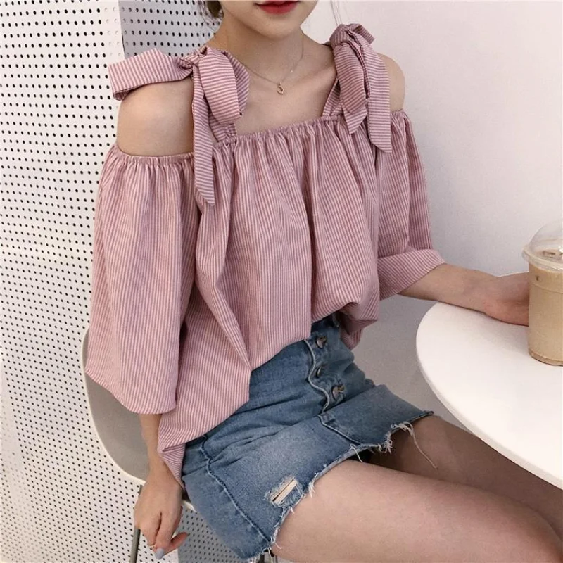 Sweet Off Shoulder Loose Blouse Summer New Short Sleeve Lacing Solid Color Hollow Out Shirt Tops Fashion Korean Women Clothing