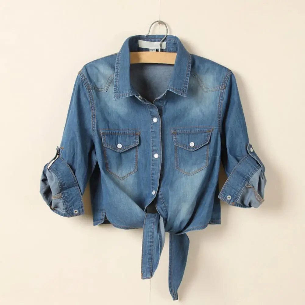 

Women Fall Denim Jacket Cropped Length Short Type Single-breasted Lace Up Denim Shirt Tie Knot Jeans Cardigan Lady Jacket Coat