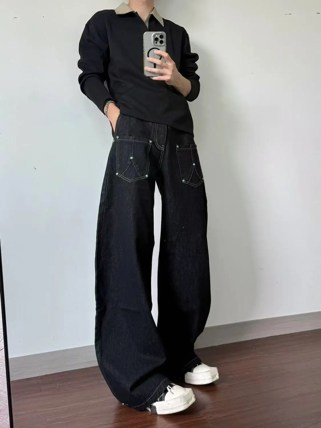 Men's Hip Hop Style Retro Black Jeans Young Boy Bottoms Casual Straight Trousers Male Y2k High Waisted Denim Pants