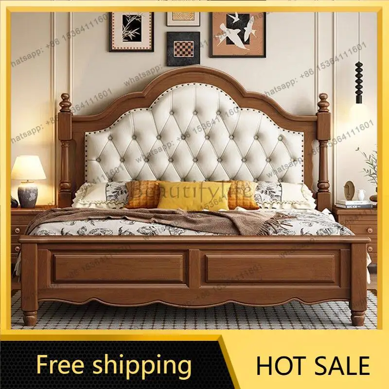 LJY Brown Nordic Elegant Double Bed Wooden European Italian Lounge Double Bed Princess Modern Style Cama Matrimonial Furniture H