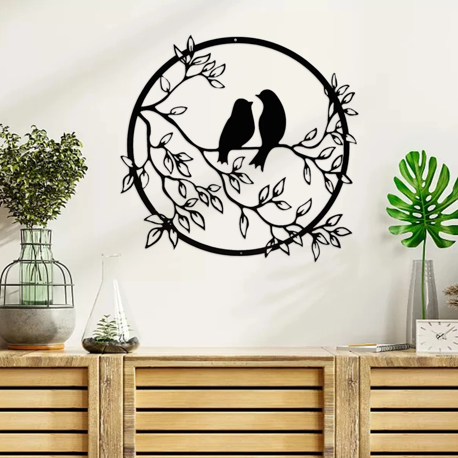 Black Metal Wall Art Birds on Branch Silhouette Wall Sculpture Hanging Sign Decor for Office Home Garden Bedroom Living Room