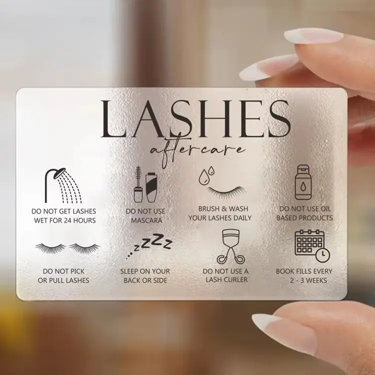 52pcs Transparnet Plastic Lash Aftercare Card Pvc Lashes Lift Aftercare Beauty Salon Card Lash Extension Card Waterproof For Bus