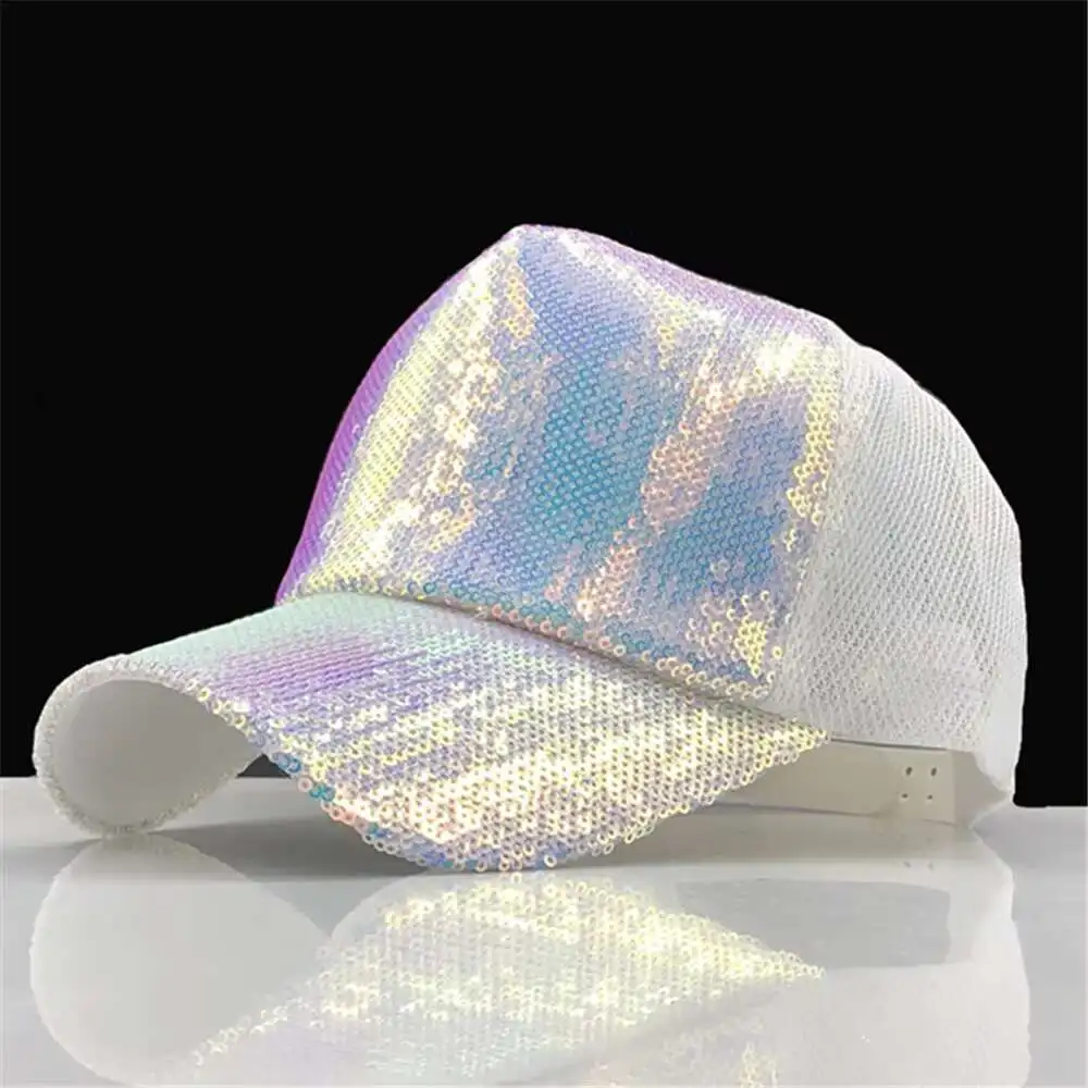 rainbow Sequins Paillette Bling Shinning Mesh Baseball Cap Striking Pretty Adjustable Women Girls Hats For Party Club Gathering