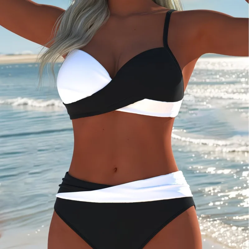 2026 Neue Modische Farbblock-Bikini-Set mit Überkreuzten Trägern Drahtloser Komfortabler Badeanzug für Strandurlaub