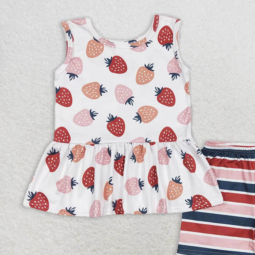 Completo estivo per neonata Top tunica fragola con pantaloncini a righe peplo Set senza maniche Set di abbigliamento per bambini