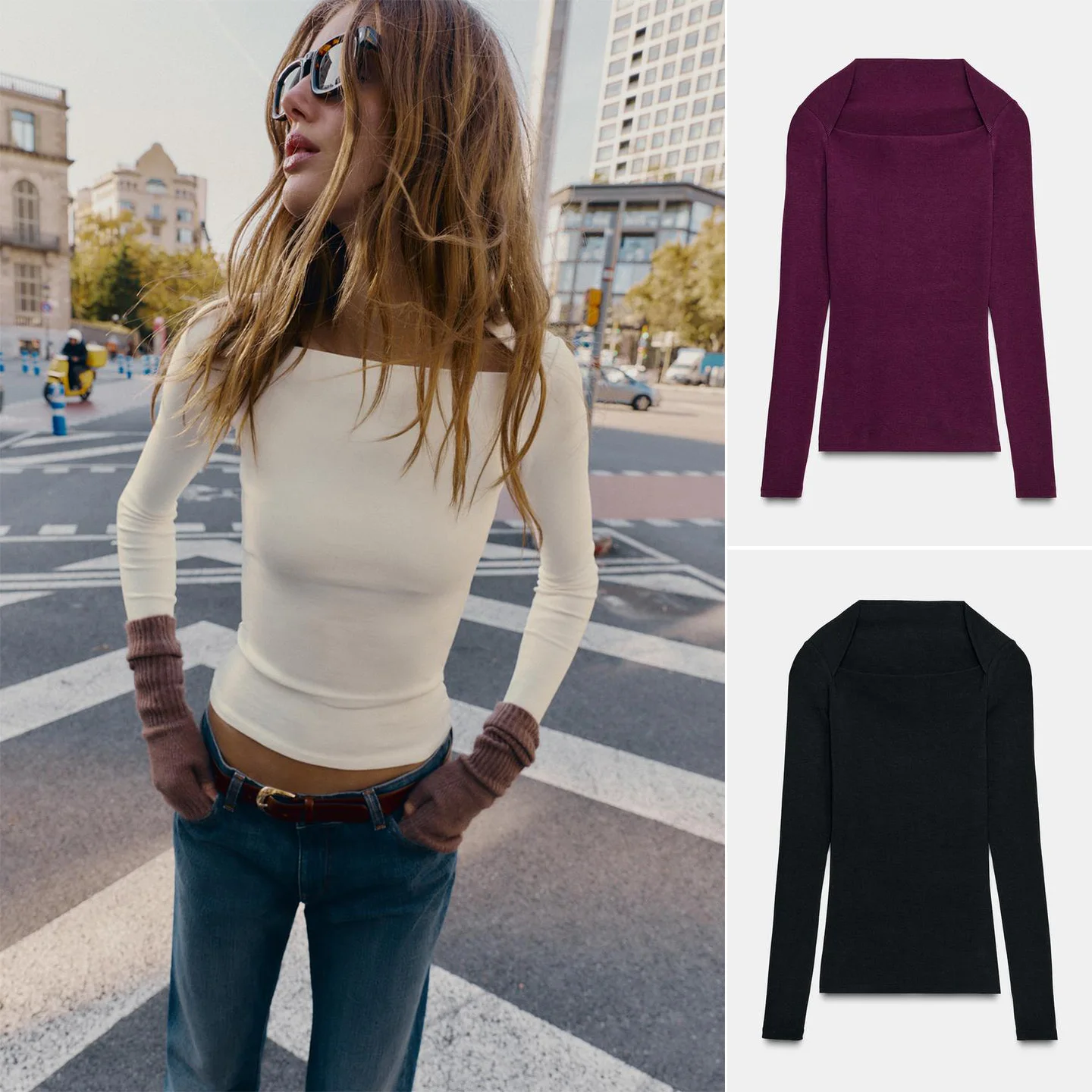 Spring 2026 Women's Slim Fit Straight Leg T-Shirt Long Sleeve Ribbed Detail Square Collar Casual Style Polyester Fiber