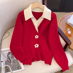 Loose Sweater Women Korean Fashion Ladies Tops 2024 Women Red V-neck Fake Two Piece Knitted Sweater Autumn Winter Women Clothing