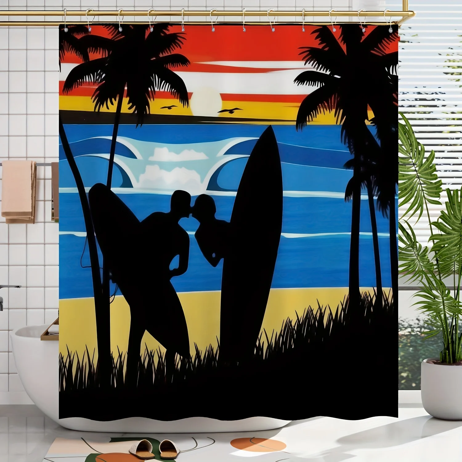 

1 шт., пляжная пара для серфинга, мультяшный узор, занавеска для душа с цифровым принтом, декор для ванной комнаты, украшение для дома с бесплатными крючками