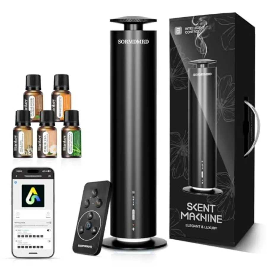 Waterless Scent Diffuser Starter Kit with 5 Oils, Aluminum Alloy Body, Matte Black Finish, Covers up to 2000 Sq Ft, Cold Air Te
