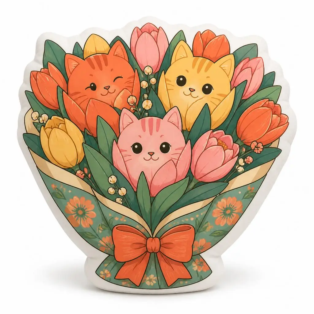 Cute Cat Tulip Bouquet Throw Pillow Floral Cat Lover Cushion Irregular Stuffed Plush Pillow for Sofa Home Decor Spring Gift