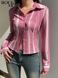 Rockmoer Vintage Elegant Red Striped Blouse Y2K Streetwear Loose Long Sleeve Shirt Casual Women Clothes Korean Fashion Shirt New