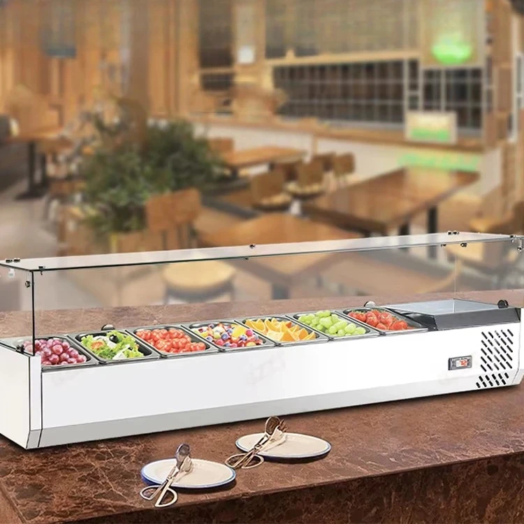 7*GN Pan Commercial Transparent Glass Cover Counter Sandwich Pizza Salad Pre Table Cooling Display Showcase Cabinet Refrigerator