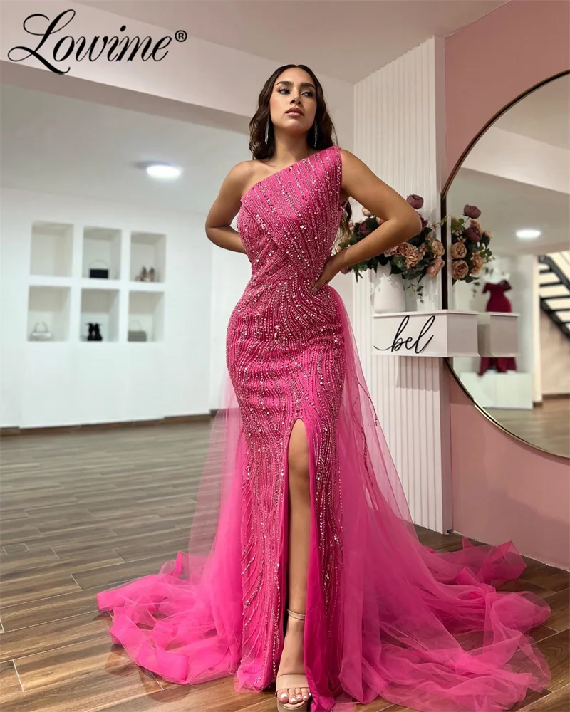 Fuchsia Blue Glitter Perlen Kristalle Hochzeits feier Abendkleid Geburtstag Roben de Soirée Promi roten Teppich Ballkleider