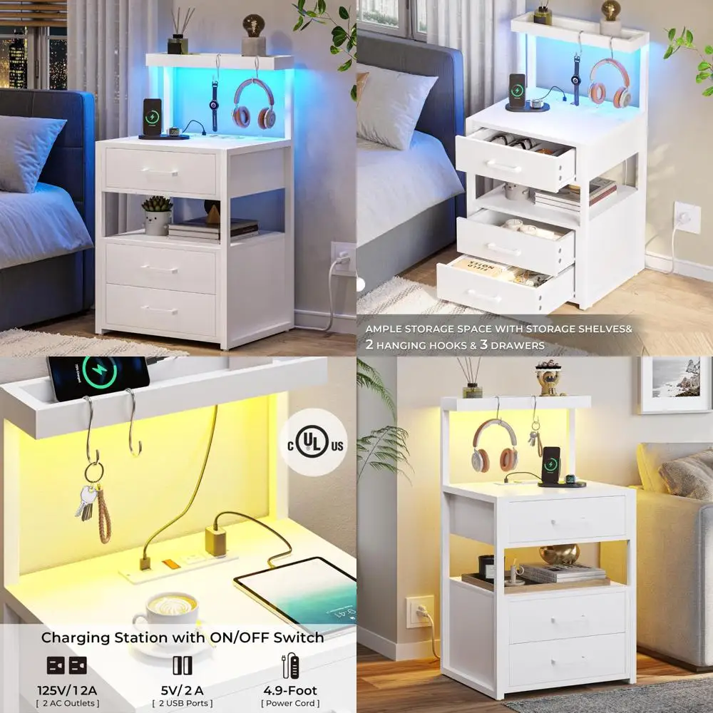 

Прикроватная тумбочка с 3 ящиками и светодиодной подсветкой, зарядная станция, белая прикроватная тумбочка с полками для хранения и современным дизайном