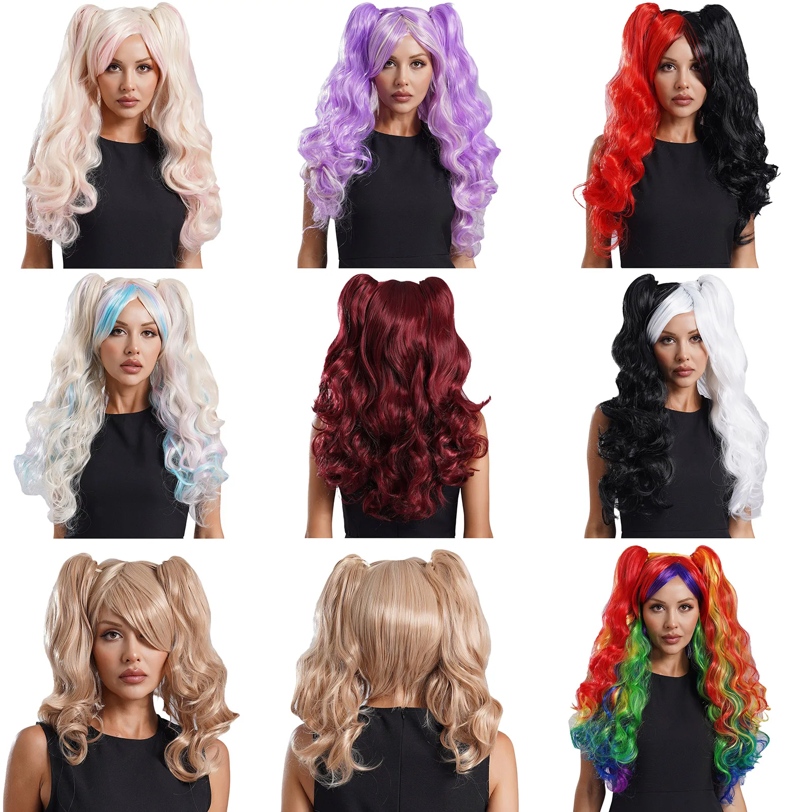 Women Synthetic Anime Cosplay Wig with Clip-on Ponytails Long Curly Multi-color Wig Hairpiece Lolita Comic Con Party Costume