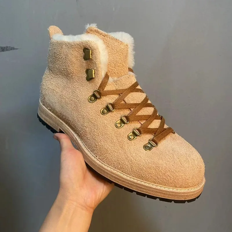 Handmade Custom Cow Suede Cowhide Outdoor Hiking Boots Men's Shoes High Top Thick Sole Autumn Winter Wool Warm Genuine Leather