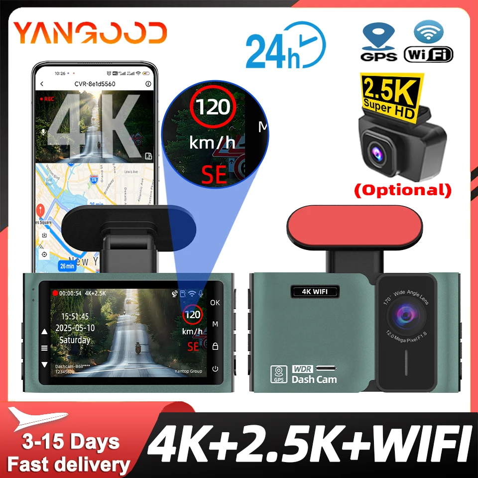 

Yangood 4K Dashcam Night Vision CAR Video Recorder Front 4K And Rear 2.5K Dual Lens Support WIFI GPS Rearview Camera 24H Parking