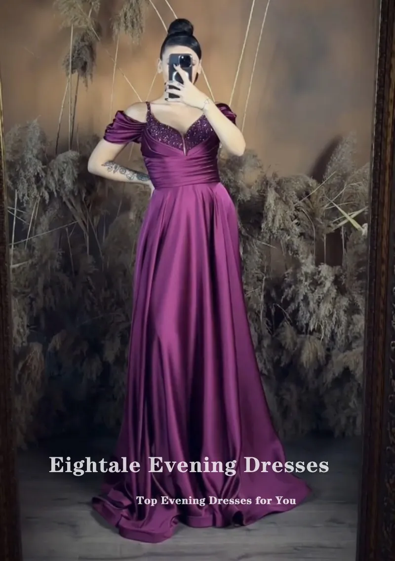 Eightale Arabic Evening Dresses Spaghetti Strap Customized A-Line Satin Purple Prom Gown Wedding Party Dress Ballkleider