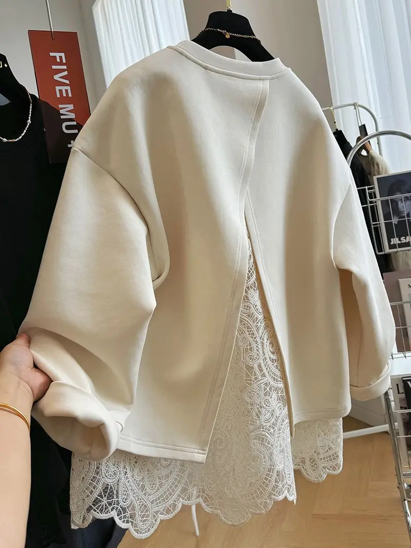 New Style Lace Splicing Fake Two-piece Pullover O Neck Sweatshirt For Women Spring Autumn Loose Top Fashion Casual Solid Hoodie