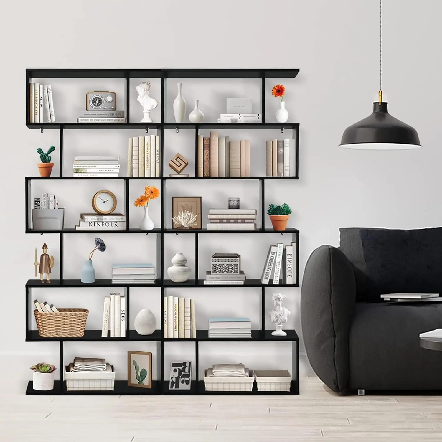 6-Tier Geometric S-Shaped Wooden Bookshelf Set of 2, Tall Storage Display Shelf for Home Office, Customized
