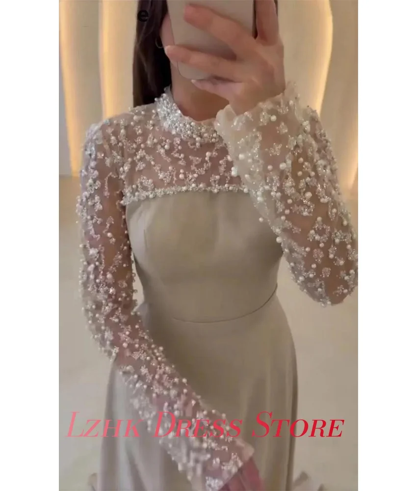 Op maat gemaakte prachtige jersey a-lijn avondjurk met lovertjes en kralen Hoge kwaliteit lange mouwen Hoge kraag فسات Mohamed 2017- 2017-
