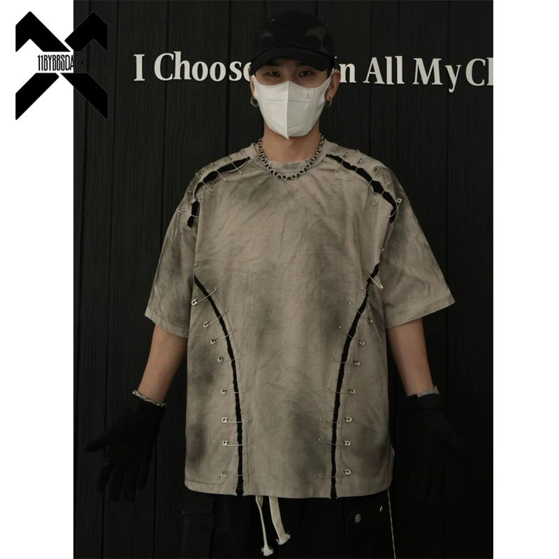 

Washed Distressed Tee Shirt Men's Dark Gradient Dirty Dye T-Shirt Vintage Grunge Oversized Streetwear Tops