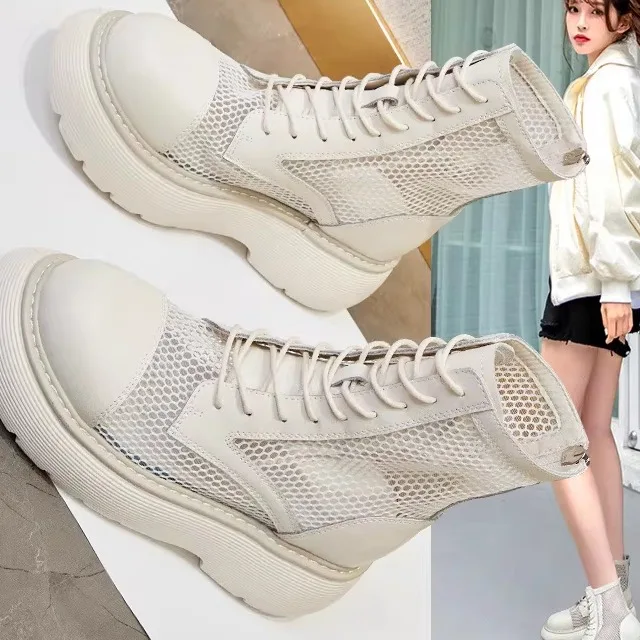 

Women's Boots Genuine Leather Breathable Mesh Booties Thin High-Tube Summer Thickened Composite Bottom round Toe