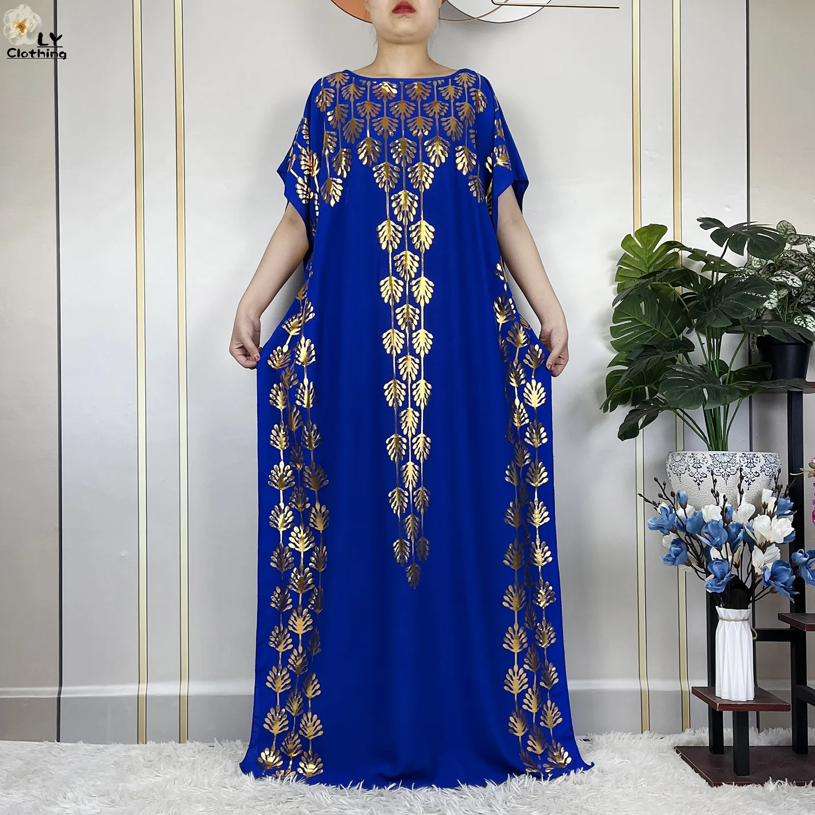 2023 New Summer Loose Short Sleeve Cotton Robe Gold Stamping  Boubou Maxi Islam Femme Dress With Big Scarf African Abaya Clothes