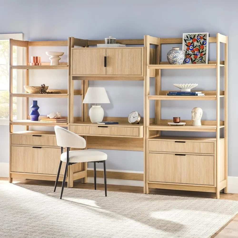 Transitional PieceDesk with  Wide Bookcases, Reeded Drawer Fronts, Built-in outlets and  Ports