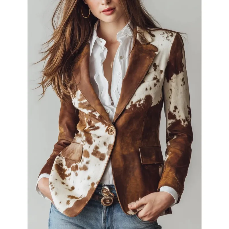 European American Women's Jacket Coat Autumn Winter Lapel Printed Long-sleeved Jacket Single-breasted Personalized Short Jacket