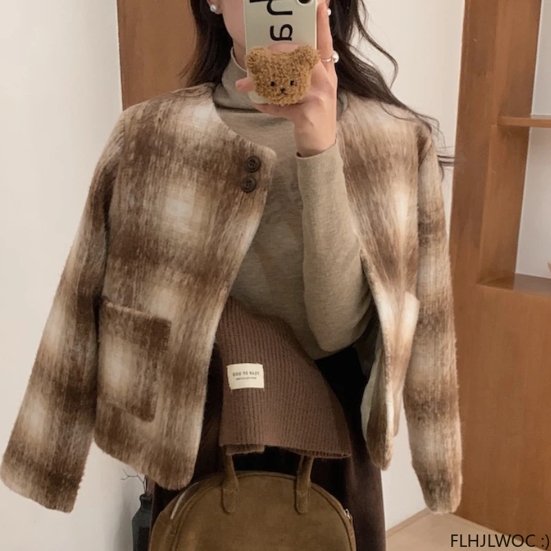 Cute Short Coat Outerwear Retro Vintage Preppy Chic Korea Japan Style Girls Woolen Wool Blends Plaid Coats 2024 Winter Spring