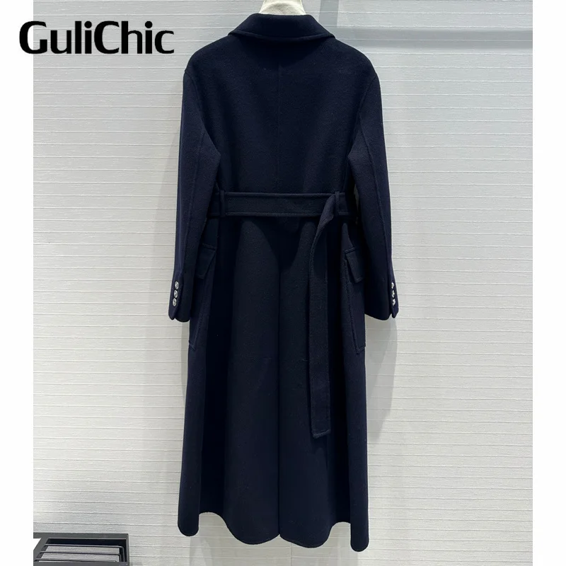 9.4 GuliChic Luxury Fashion Turn-down Collar Double Breasted Long Woolen Coat With Belt Slim Outerwear Women