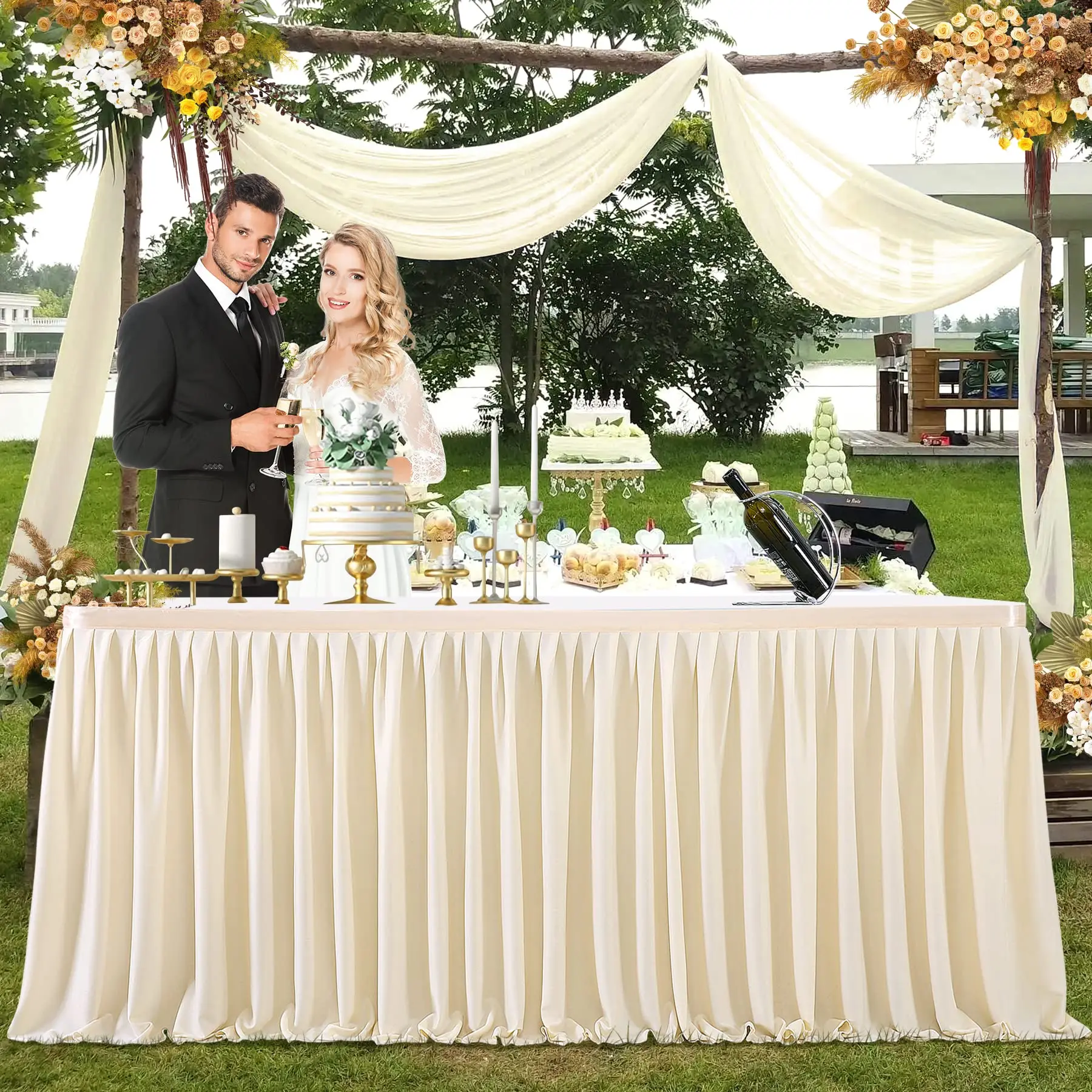 

Ivory Table Skirt Wrinkle Free Fitted with Pleated Ruffle Table Skirt for Party Wedding Birthday sweet table decoration