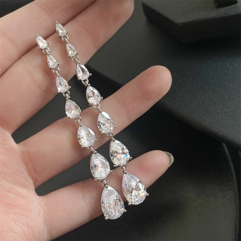 ZAKOL Gorgeous Water Drop Zirconia Long Dangle Earrings Women Sliver Color Shiny Zircon Crystal Bridal Earring Party Jewelry