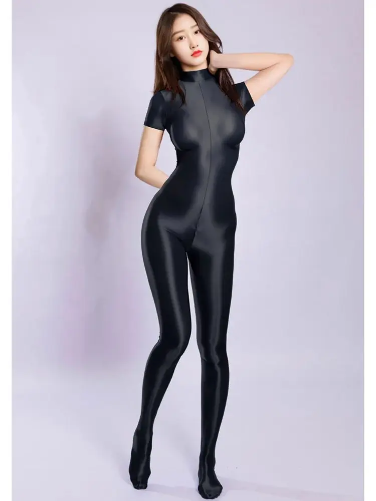 

M XL Unisex Shiny Short Sleeve Nylon Catsuit Zipper Open Crotch Bodysuit Tights Sexy Leotard Conjoined Jumpsuit Unitard Teddies