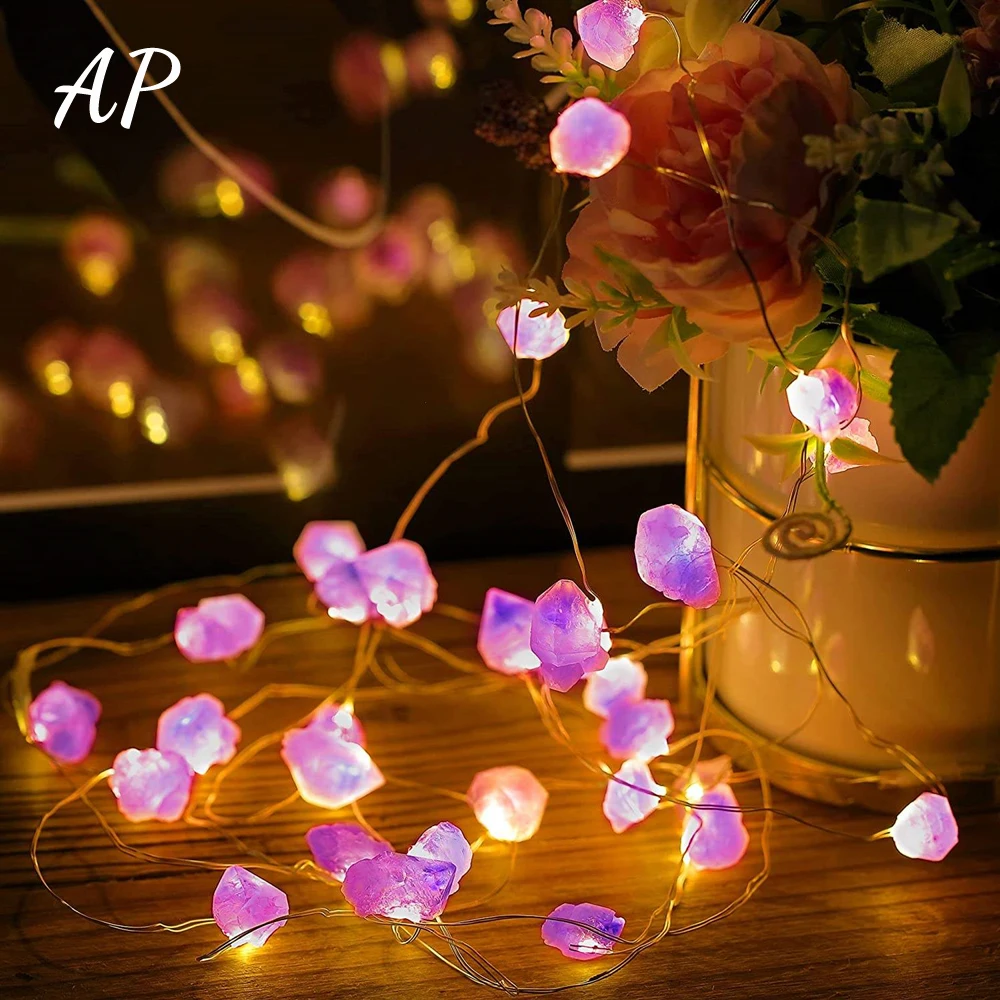 2M Natural Rose Quartz Raw Stone Crystal Lamp Healing Gemstone Amethyst Rough Stone Festival Led String Light Decoration