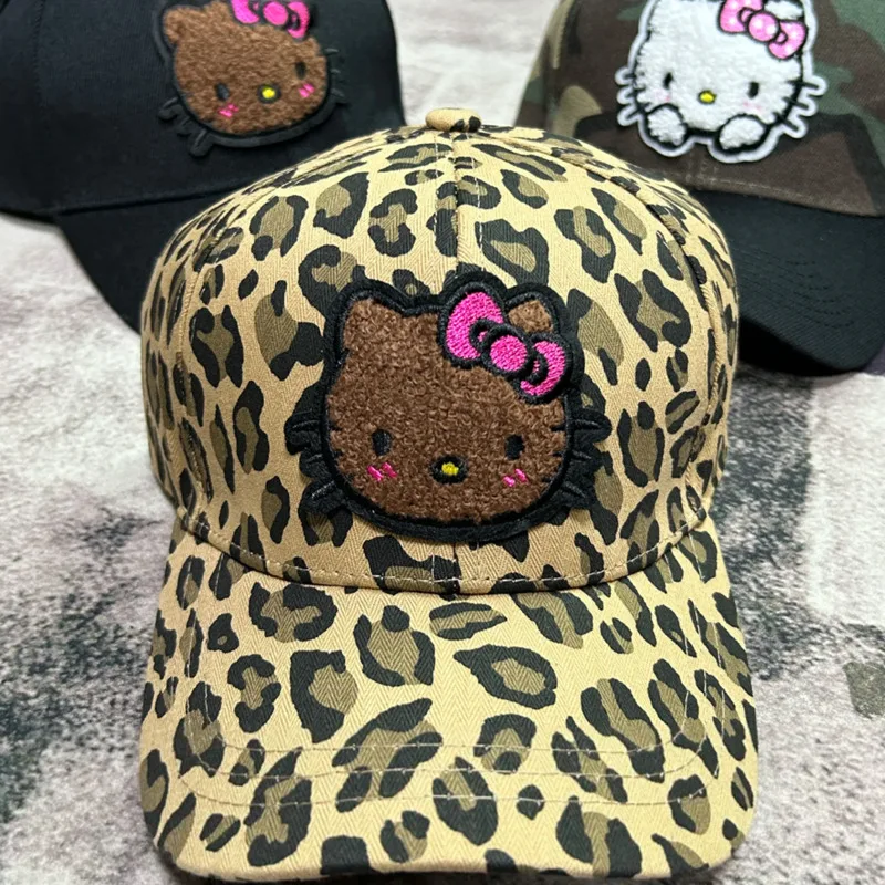 Sanrio Camouflage Hellokitty Y2k Czapki z daszkiem Devil Horn Design Hip Hop Czapki Leopard Print Retro Czapki Kobiety Nowość Czapki Dziewczyny